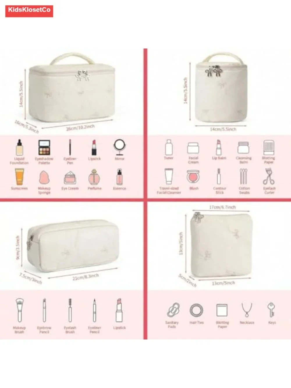 4-Piece Quilted Makeup Bag Set with Bow Zippers, Waterproof Nylon Travel